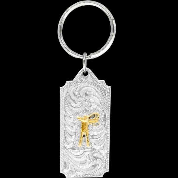 Gold Archery Keychain, Our Gold Archery keychain includes beautiful, engraved scrolls, a 3D archery figure,  back engraving, and a key ring attachment. Each silver key chain